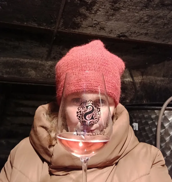 Pohár ružového vína v pivnici